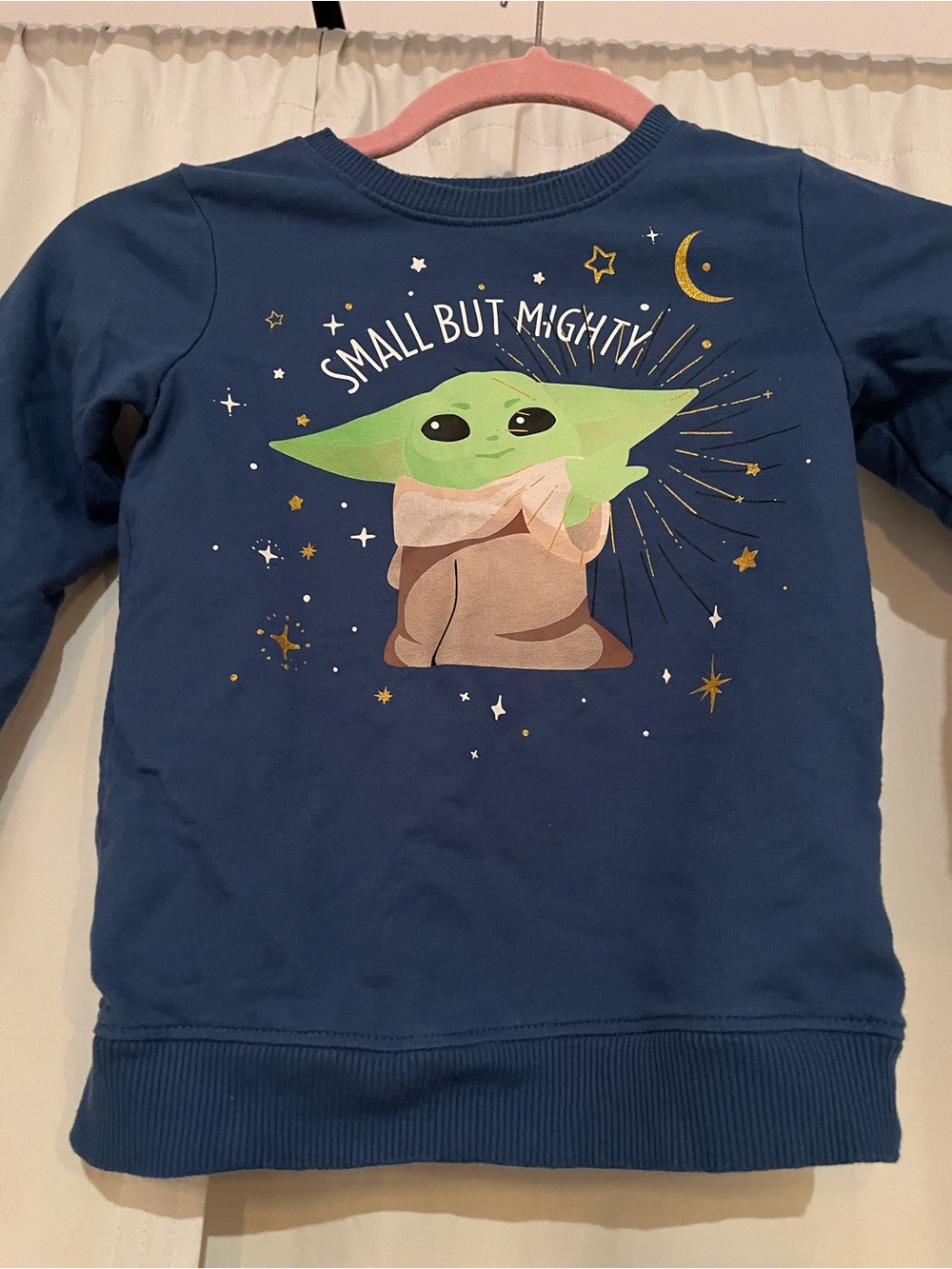 Blue Sweatshirt with Green Baby Yoda and Gold Star Accents
